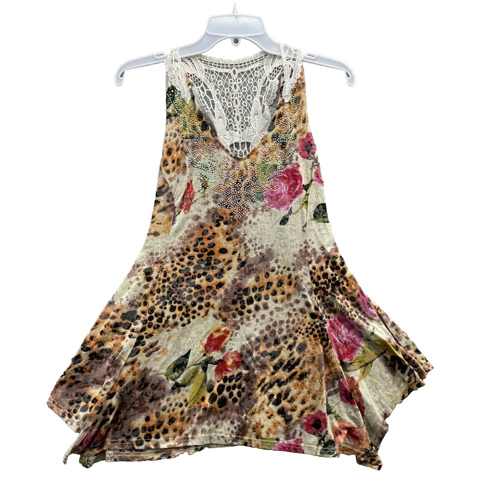 Cristina Y2k Dress Women's Small Crochet Floral Leopard Rhinestone Festival Boho